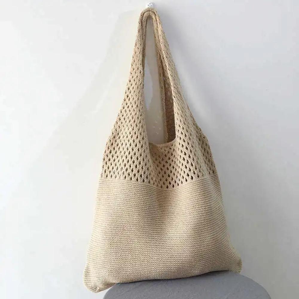 Minimalist Retro Hollow Knitting Bag For Women, Woven Yarn Shoulder Tote Bag, Large Capacity Breathable Shopping Handbag For Daily Outdoor Use