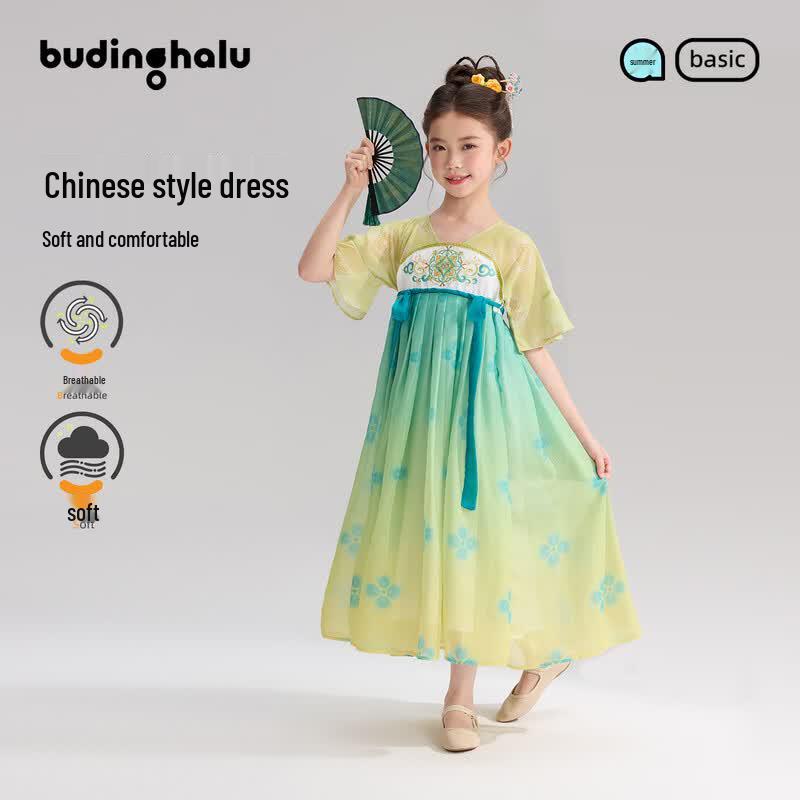 Girls Chinese Style Embroidered Hanfu Dress 110 зелёный
