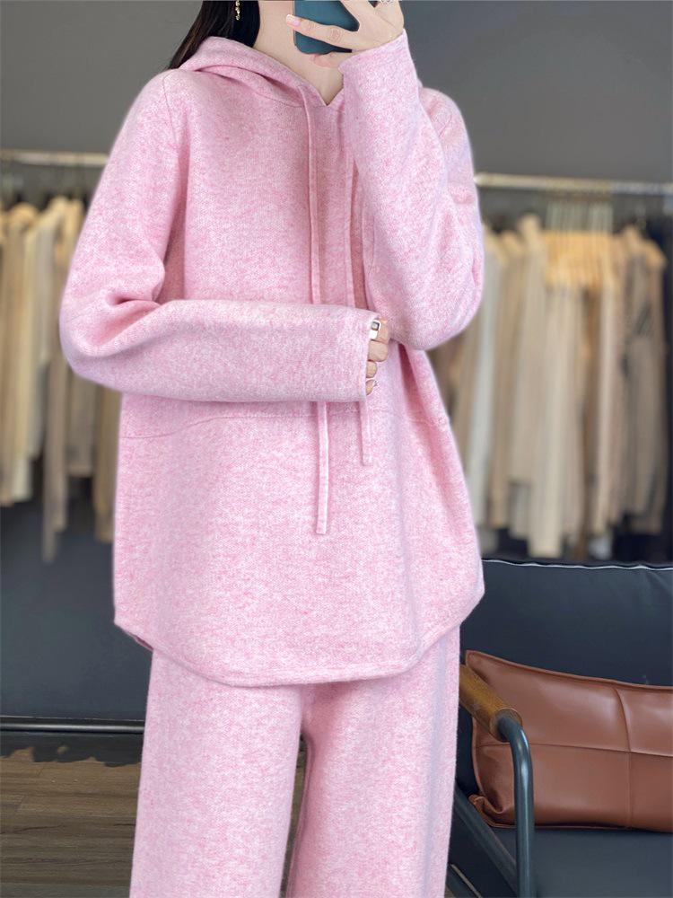 2026 Autumn/Winter Women's Pure Wool Hooded Knitwear & High Waist Wide-Leg Pants Set