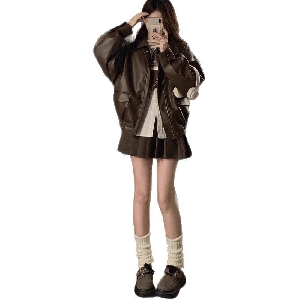 Maillard Women's Retro Brown PU Leather Motorcycle Jacket - Spring/Autumn Windproof Coat