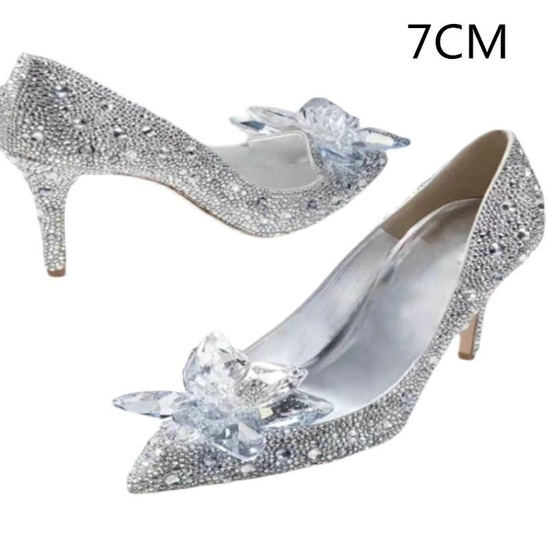 Grey Women's Crystal Wedding Shoes High Heels 2025Autumn New Silver All Diamond Bridal Shoes Water Diamond French Single Shoes