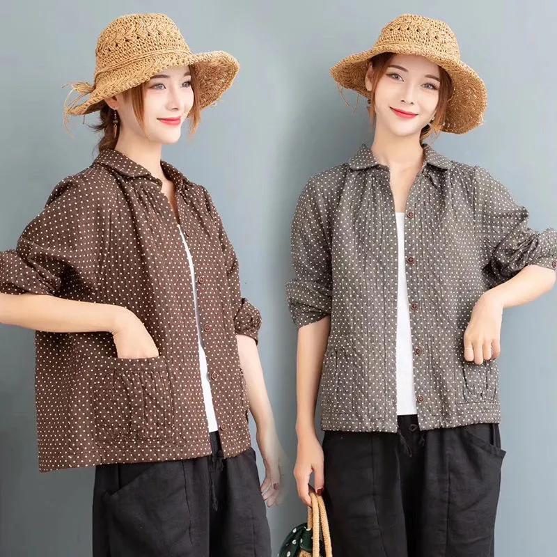 Cotton and Linen Jacket Women's Loose Spring and Autumn Retro Thin Large Size Long-sleeved Shirt Top