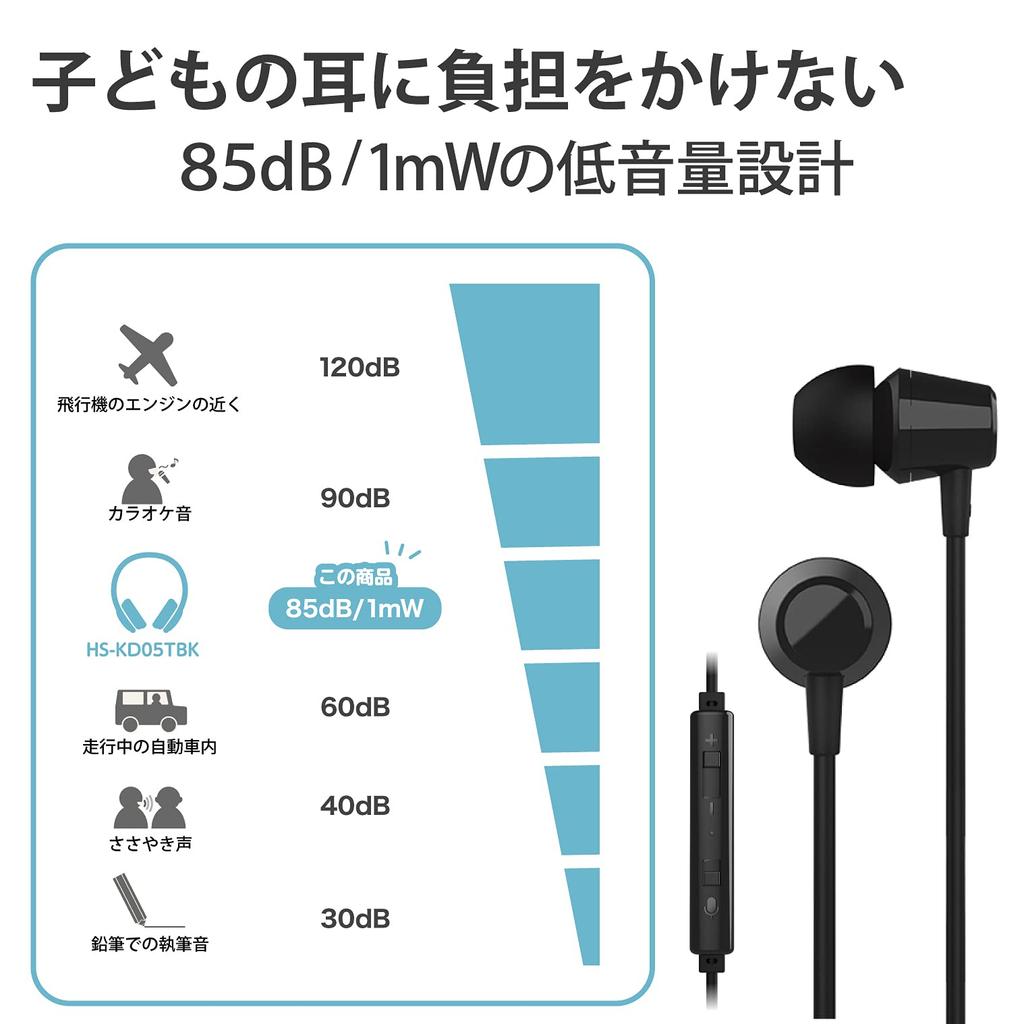 ELECOM Wired with Mute W x D x HS-KD05TBK Children's Earphones, 3.5mm Connection, 4-Pole In-Ear, Heavy-Duty, Switch, Black. Dimensions Approx. 12.7mm