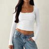 European and American Early Spring Fashion Sexy U-neck Solid Color Exposed Navel Ribbed Top