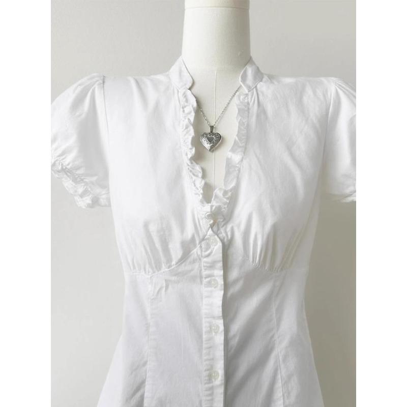 White V-neck Women's Shirts Unique Waist Cinching Design Summer Blouse Fashionable and Casual Versatile Ladies Clothing