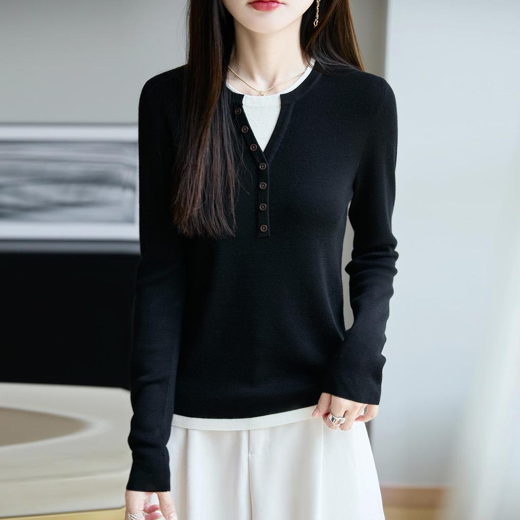 Women's 100% Pure Wool Crew Neck Knitted Sweater - Fake Two-Piece Long Sleeve Base Shirt for Autumn
