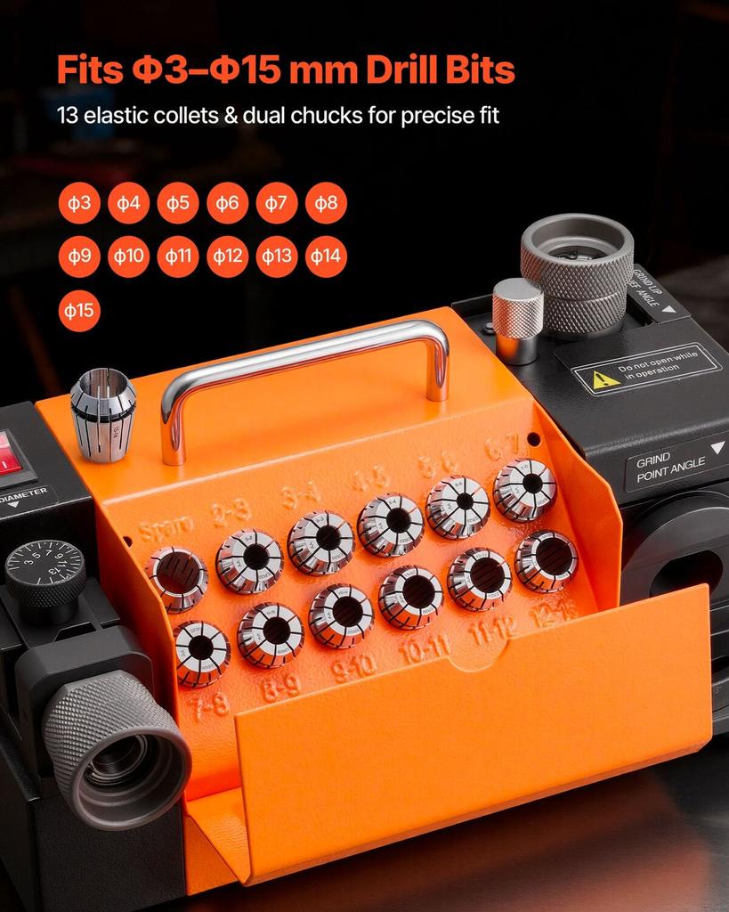 Drill Bits Sharpener MR-13A, 3-15mm Drill Bit Grinder Sharpener with 95°-135° Adjustable Point Angle, 4600RPM High Speed Re-Sharpening Machine with 13