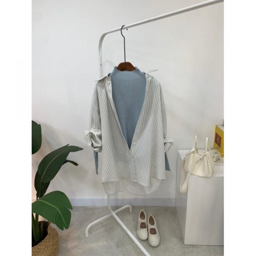 C S In The Room Stripe Round Hem Long Sleeve Shirt 2Color