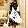 Women Long Sleeve Round Neck Midi Dress Retro Floral Vine Leaf Print Flared Casual Dress