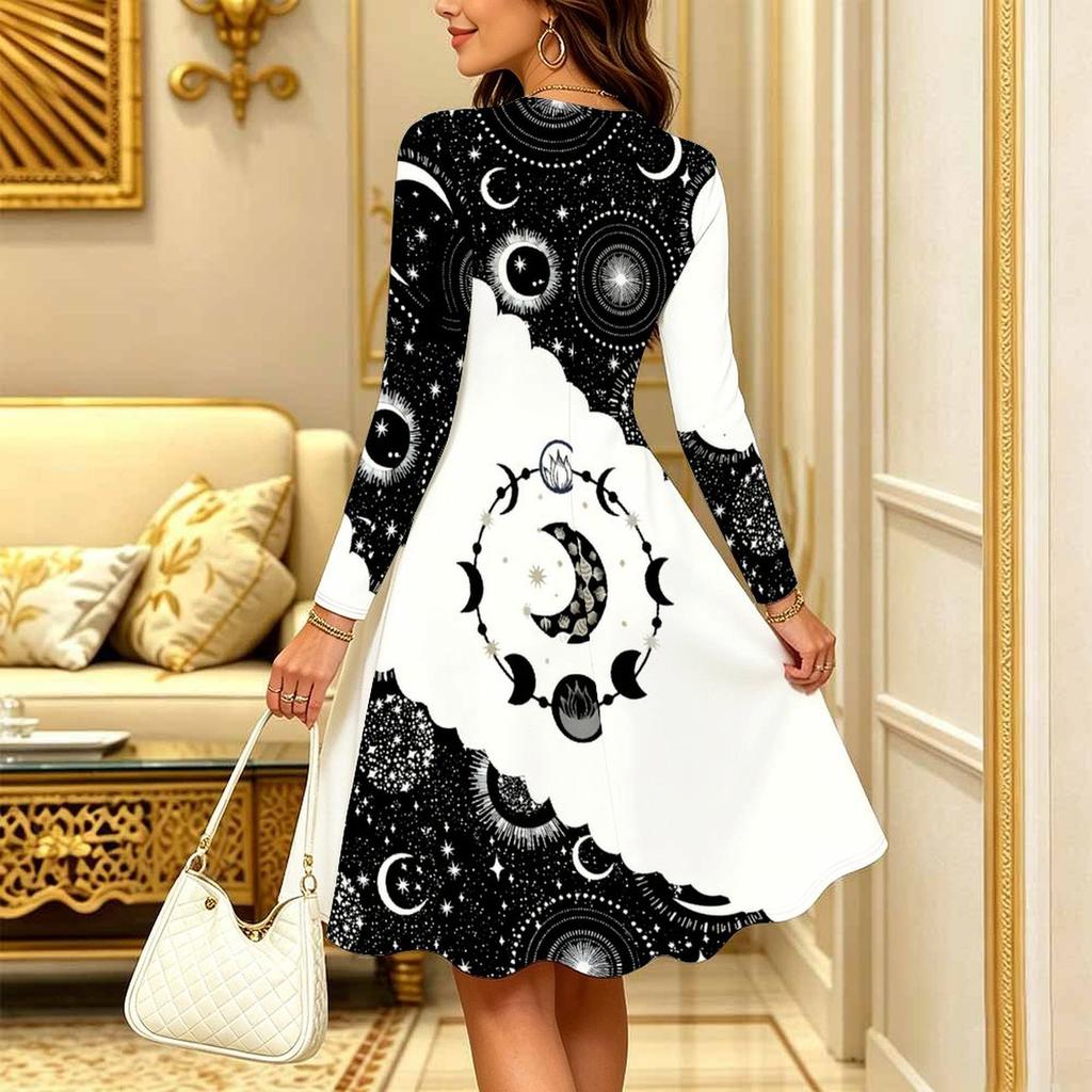Women Long Sleeve Round Neck Midi Dress Retro Floral Vine Leaf Print Flared Casual Dress