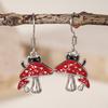 Silver Plated Enamel Mushroom & Black Cat Drop Earrings, Whimsical Forest Dangle Earrings for Women