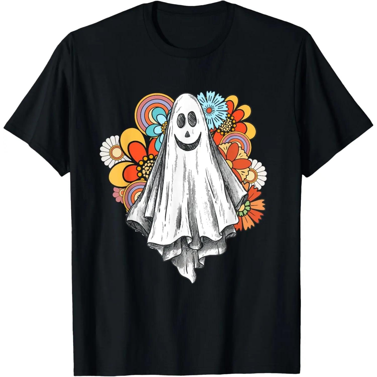 Vintage Floral Groovy Ghost Halloween Graphic 80s 90s Retro T-Shirt S чёрный