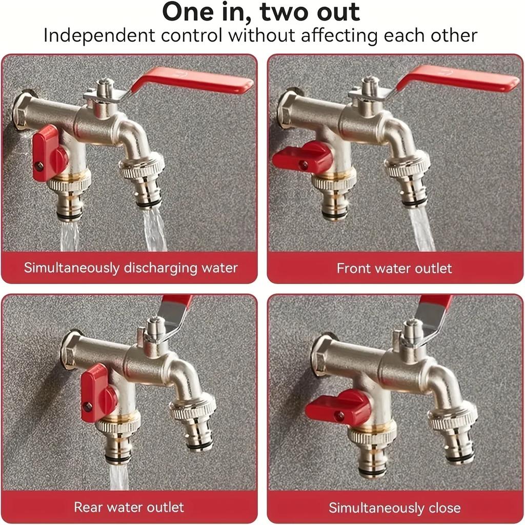 Double Head Outdoor Garden Water Faucet 1 Inlet 2 Outlet Irrigation Zinc Alloy Faucet Splitter with Nipple and Balcony Faucet