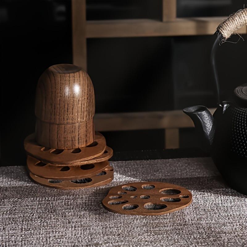 6pcs Wooden Lotus Root Piece Hollow Drain Coaster, Lotus Root Piece Hollow Shape Heat Insulation and Non-slip Hollow Drain, Desktop Decoration