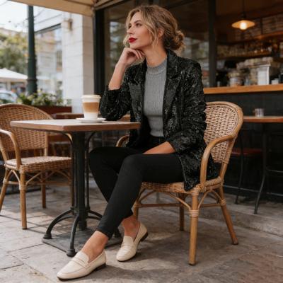Giacca da donna con paillettes Blazer aperto lucido Giacca Cardigan lungo scintillante a maniche lunghe per feste serali con tasche
