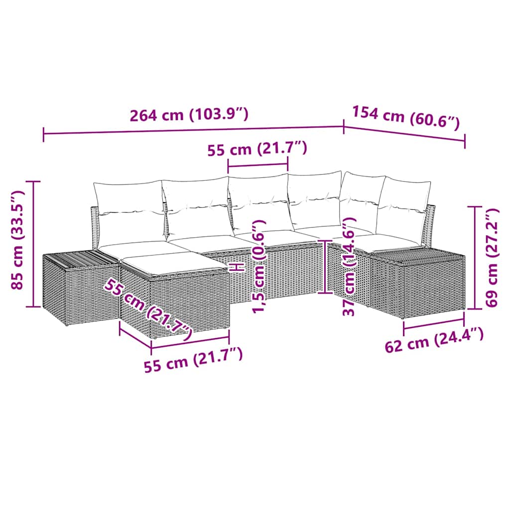Garden Sofa Set with Cushions 6 pcs Black Poly Rattan