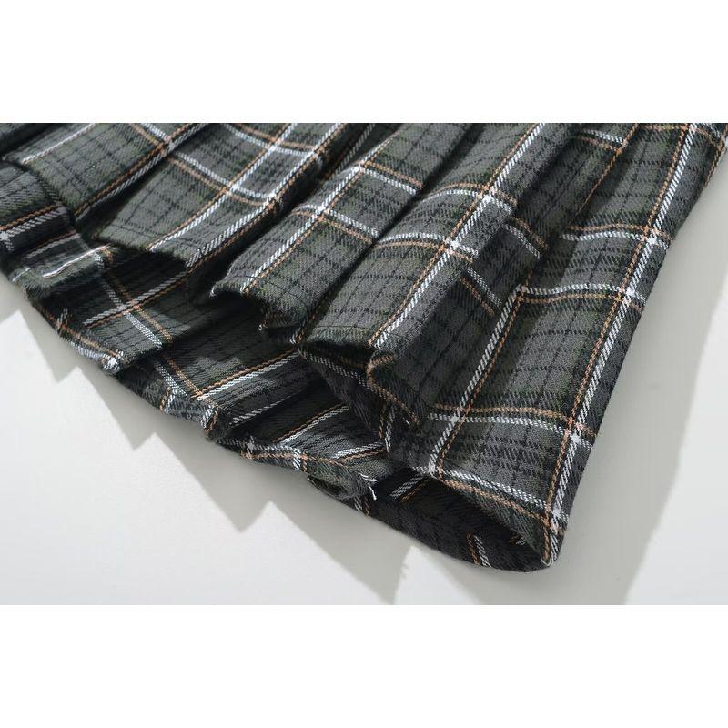 Kaslead New Arrival Women's Clothing Fashion Style Fashion All-Match Casual Gingham Adjustable Pleated Skirt