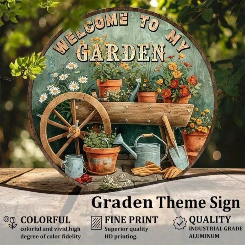 Metal Wall Art Round 8x8 Inch City Garden Welcome Sign Indoor Outdoor Decor