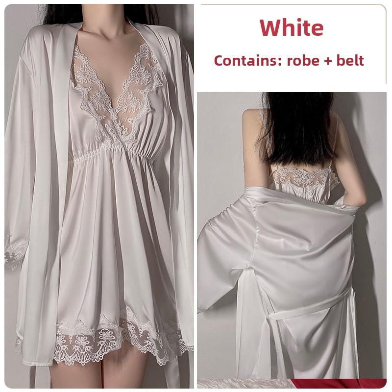 Sexy Camicia da Notte con Scollo a V Profondo e Maniche Lunghe, Allacciatura, Raso, Pizzo, Set Pigiama/Loungewear con Gonnellino Sospensorio in Pizzo