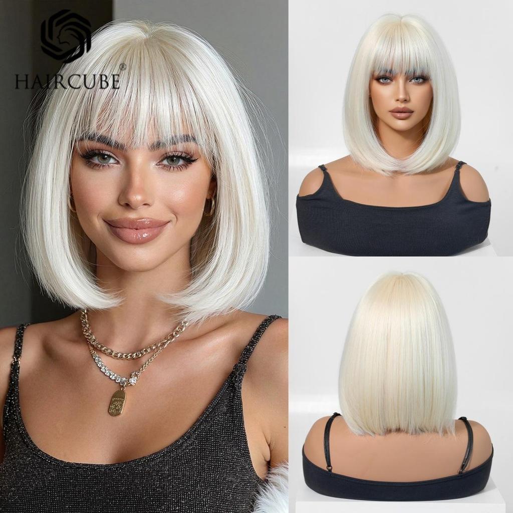 White Short Straight Bob Wig with Bangs - Full Head Styling Wig