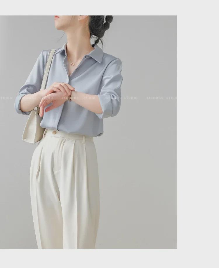Gray-Blue Satin Women's Long-Sleeve Shirt - Retro Hong Kong Style, Three-Color Spot, Versatile Spring Fashion with Dark Placket and Elegant Drape.