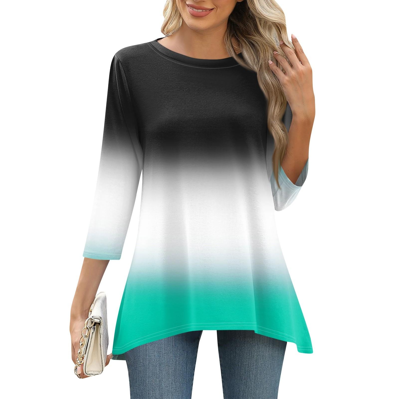 

3/4 рукав туника топы для женщин принтованный повседневный выходной свободный крой модная базовая футболка с круглым вырезом L чёрный