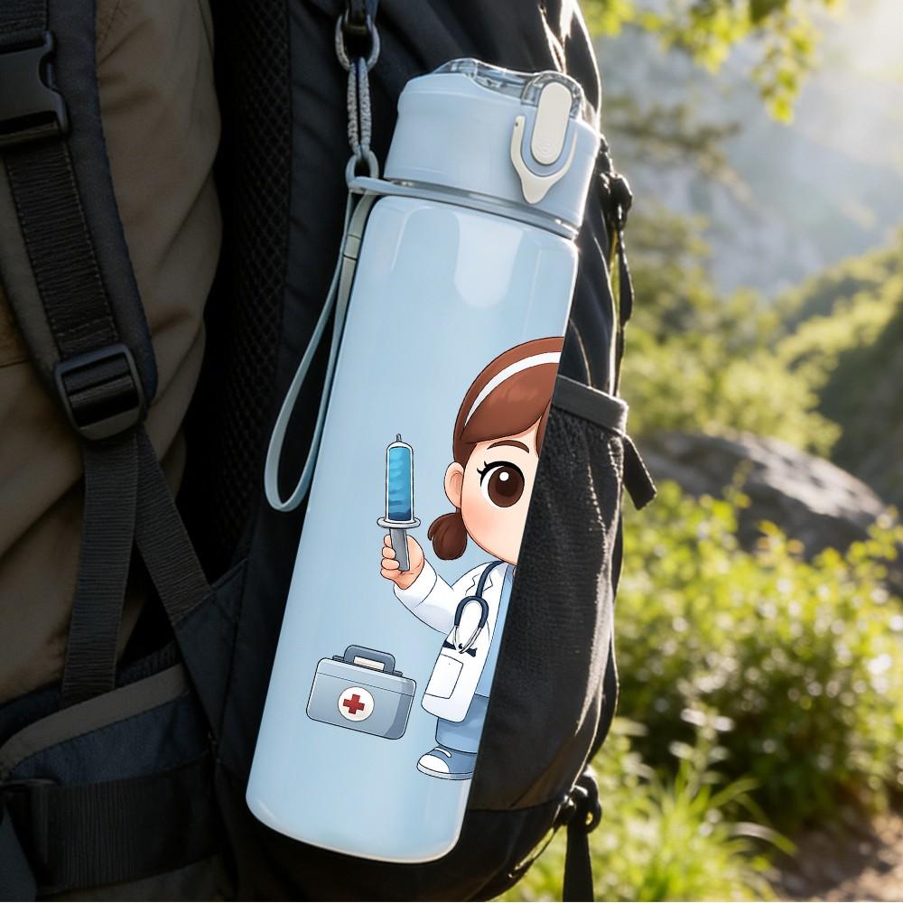 1PC Female Nurse Cartoon Art 750ml Color Plastic Sports Water Bottle Leakproof Flip Straw Lid Suitable for Sports Office Home Use