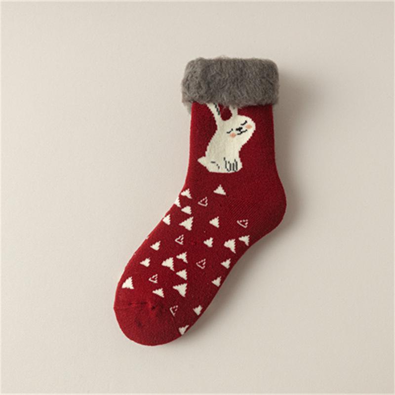 Damen Mid-Calf Verdickte Gebürstete Frottee Rote Socken mit Japanischem Cartoon Elch - 24 Winter Neue Weihnachts-Socken