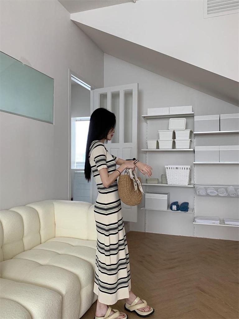 Women's French Retro Square Neck Striped Maxi Dress for Summer Vacation