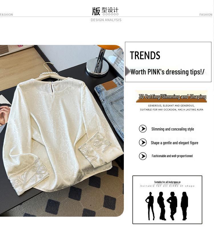 Women's Chinese Style Jacquard Embroidery Satin Shirt - Loose Fit, Round Neck