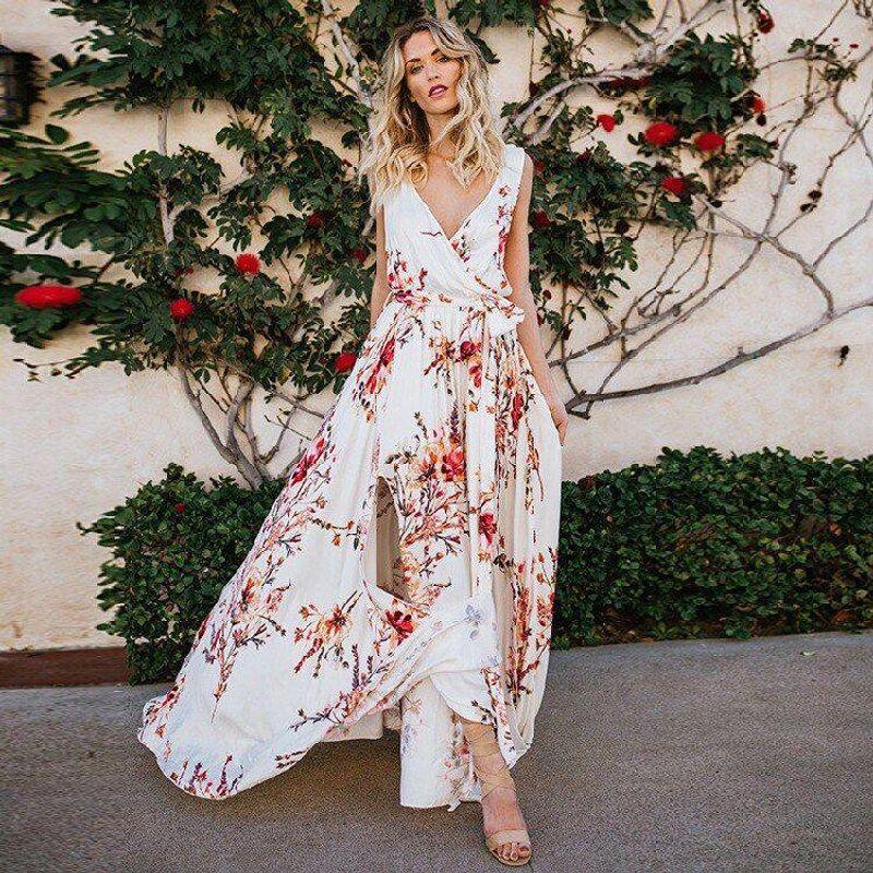 

2025 Cross-Border Summer New European and American Women s Fashion V-Neck Printed Flared Dress Sexy Slim-Fit Slit Long Dress Image color S