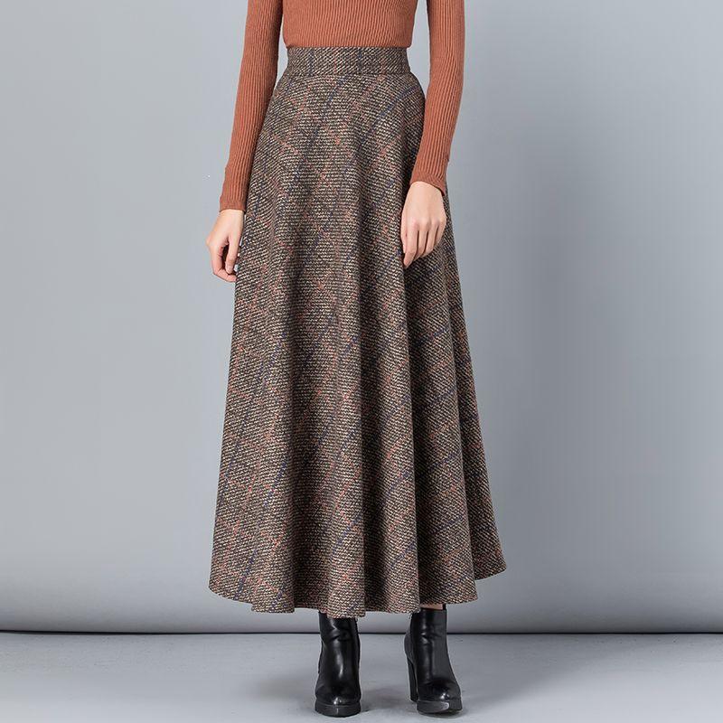 Otoño e InviernoNovedadfalda EleganteLargaCintura Altaforma AfaldaDobladillo AmplioFalda Larga para Mujer Heattech