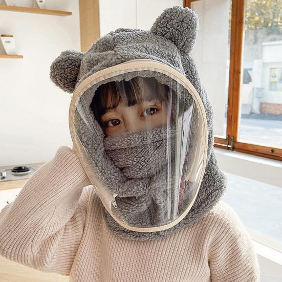 Children Hat with Soft Bear Ears Anti-Fog Lenses Fluffy Plush Windproof Detachable Lenses Cold-resistant Winter Hat