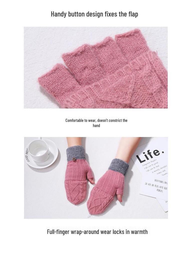 2024 Autumn New Cashmere Half-Finger Flip-Top Jacquard Knitted Gloves for Students and Couples