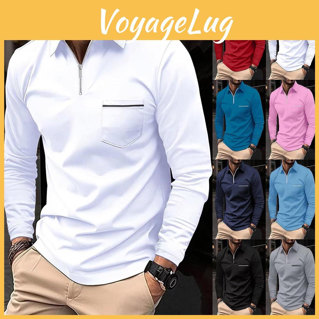 Mens Autumn And Winter Long Sleeve Zipper Lapel Polo Shirt Solid Casual Top