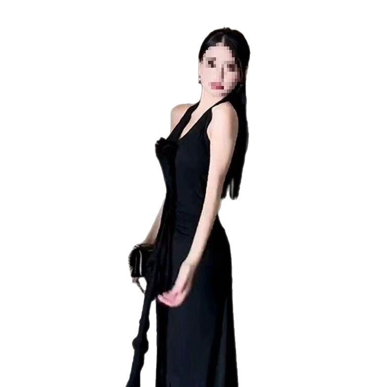 French Elegant Red Neck Suspender Dress Women's Summer New Spice Girl Sexy Backless Temperament Waist Long Dress