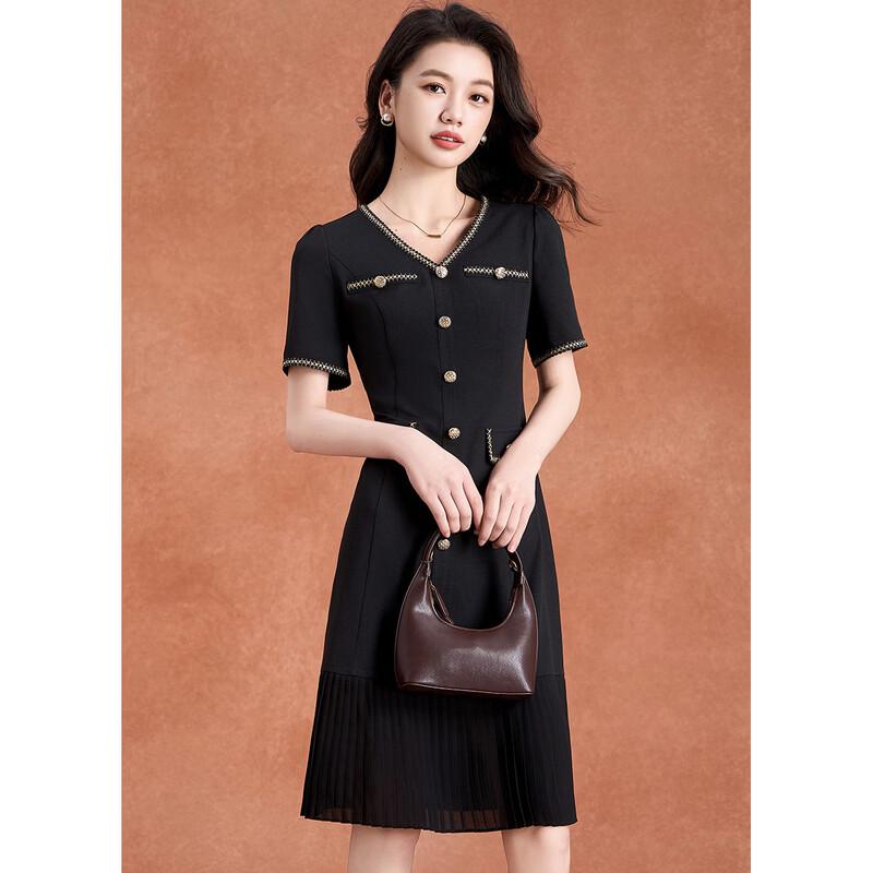 Abito midi plissettato stile francese serie Nero Oro Meilanni