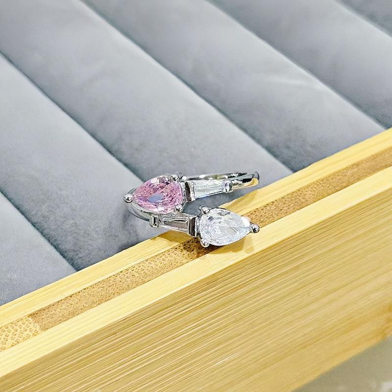 Fashion Cross Double-Row Pink And White Zir*****Pening Adjustable Ring Temperament Color Treasure Exquisite Niche High-End Ring