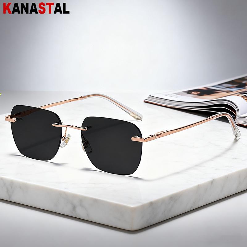Bai Fen Bai Electronic 3C Men's Pure Titanium Rimless Sunglasses Wo Polarized Sun Glasses Frameless Eyeglasses Night Driving Goggles Anti Uv400 Eyewear Cm