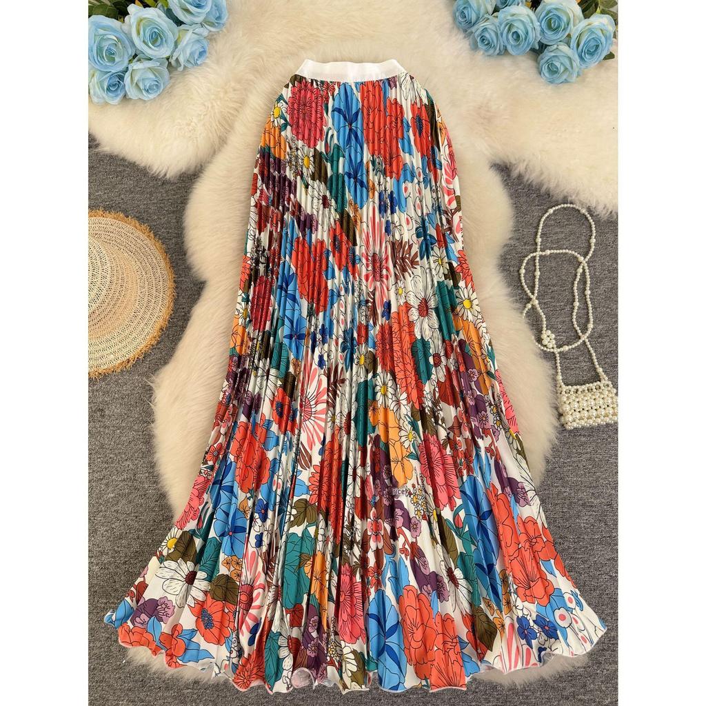Women's 3D Print Pleated A-line Midi Skirt