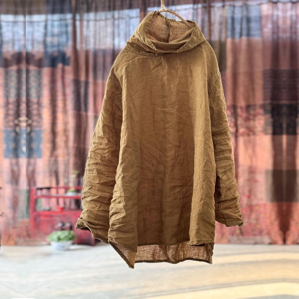 Johnature Tricouri de damă Culoare uni Gât înalt Mânecă lungă Primăvară Vintage Femei Tricouri largi