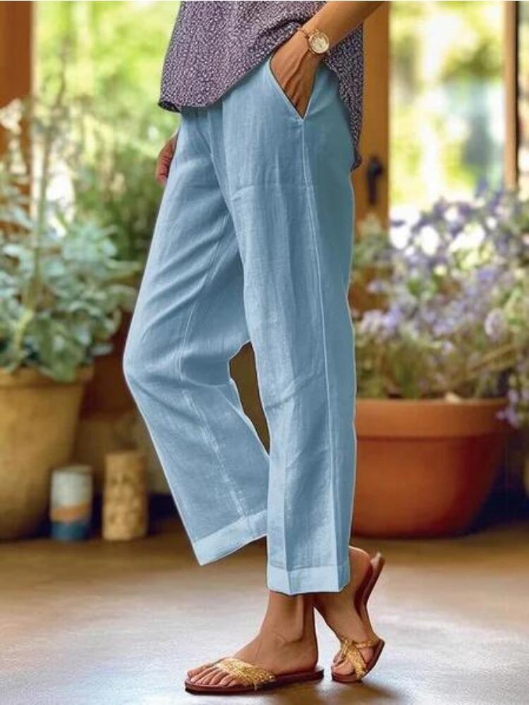 Women's Cotton and Linen Loose Solid Color Elastic Waist Pocket Straight Leg Casual Pants