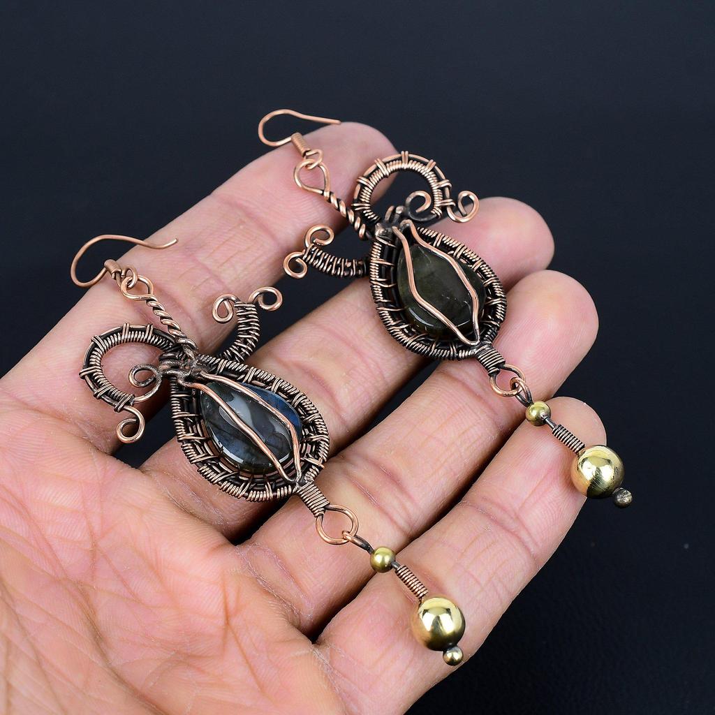Labradorite 999 Copper Wire Wrapped Earrings, Handmade Gemstone Jewelry Earrings For Memorial Day