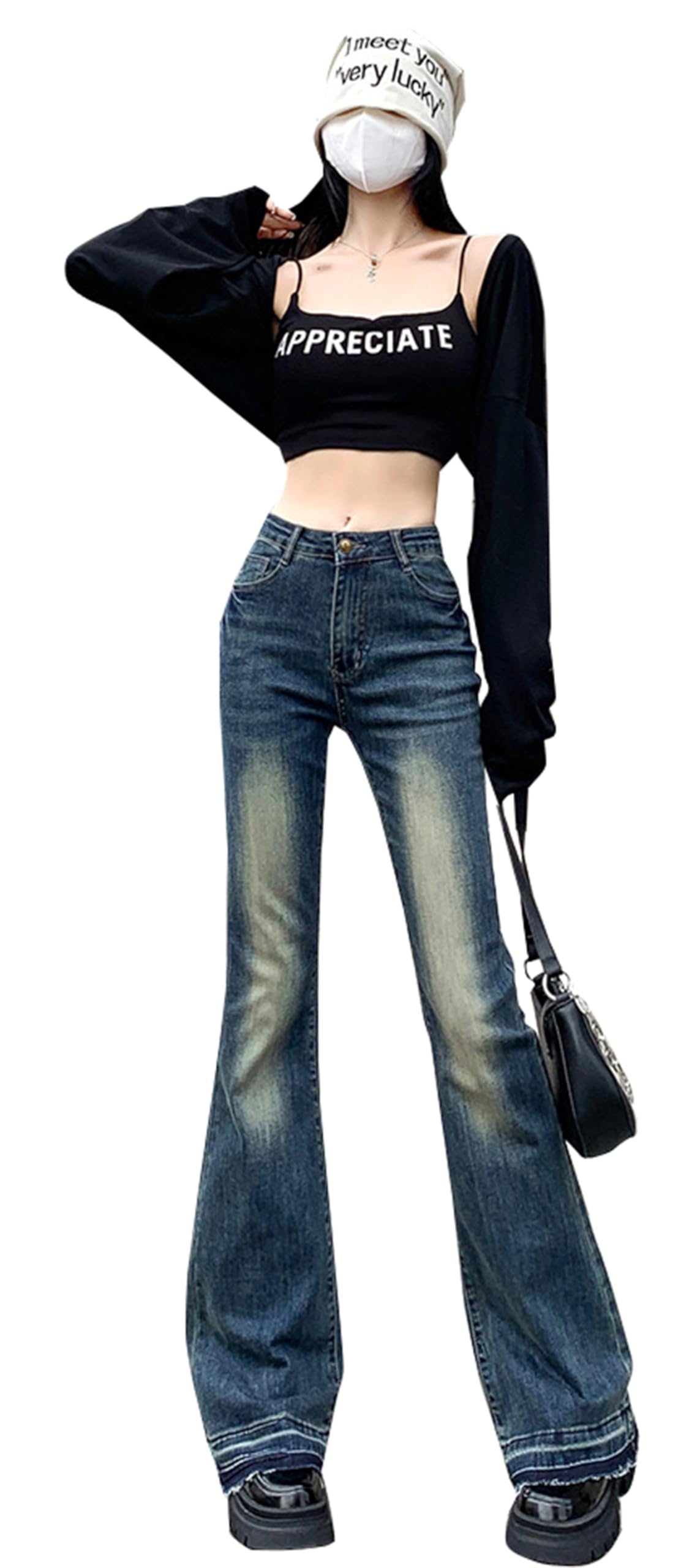 Bestmood Flared Denim Long Elastic Women s Jeans, Distressed, Leg-Lengthening, Pants, Casual, Stretch, Bell-Bottoms, (Size M, Blue) синий