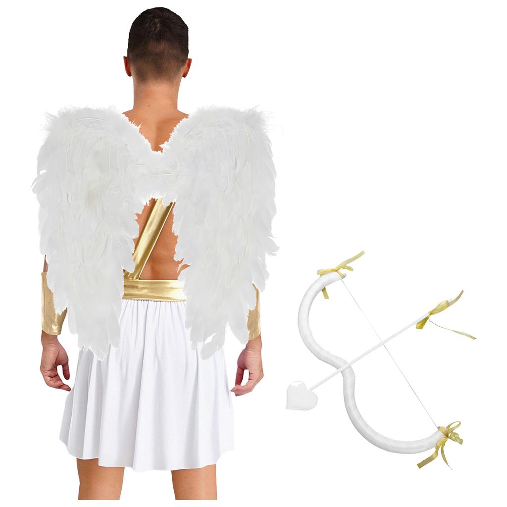Mens Cupid Costume Set Contrast Color Heart Pattern Skirt Detachable Sleeves Wings Bow Arrow