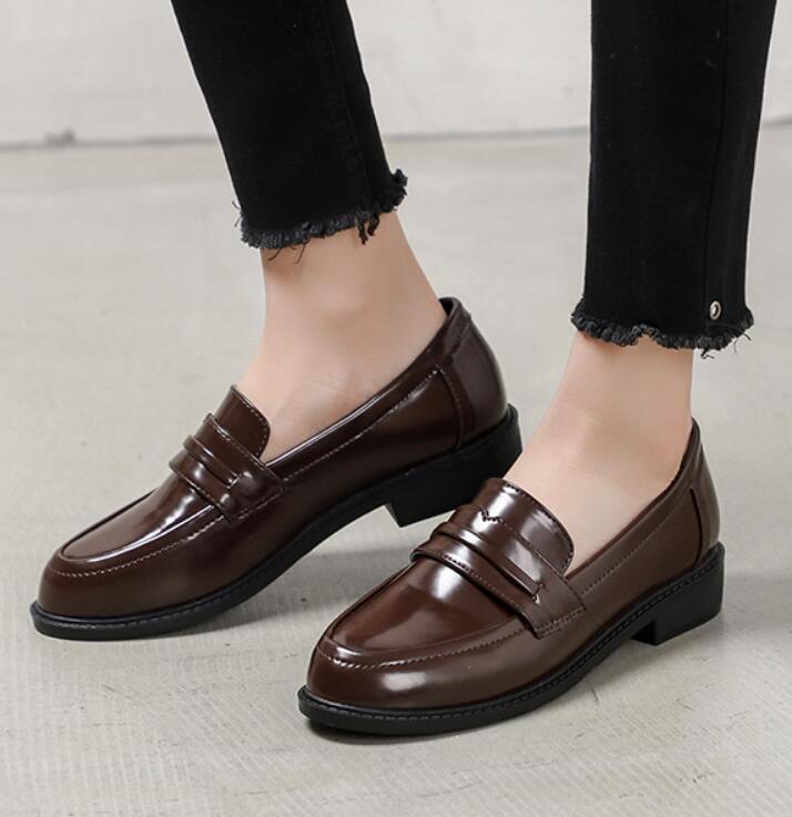 Brown Oxford Single Shoes Women British Dress Brown Leather Shoes Student Slip On Microfiber Creepers Soft Comfy Flats Loafers