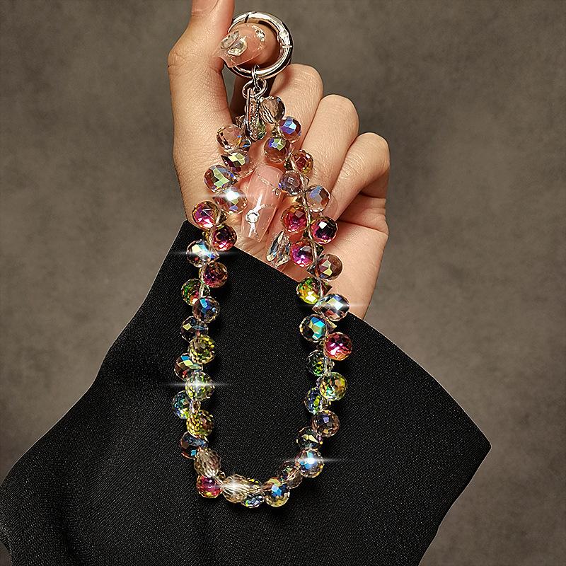 Internet Celebrity Senior Sense Colorful Crystal Water Drop Flash Mobile Phone Chain String Beads Bag Keychain Women's Short Lanyard