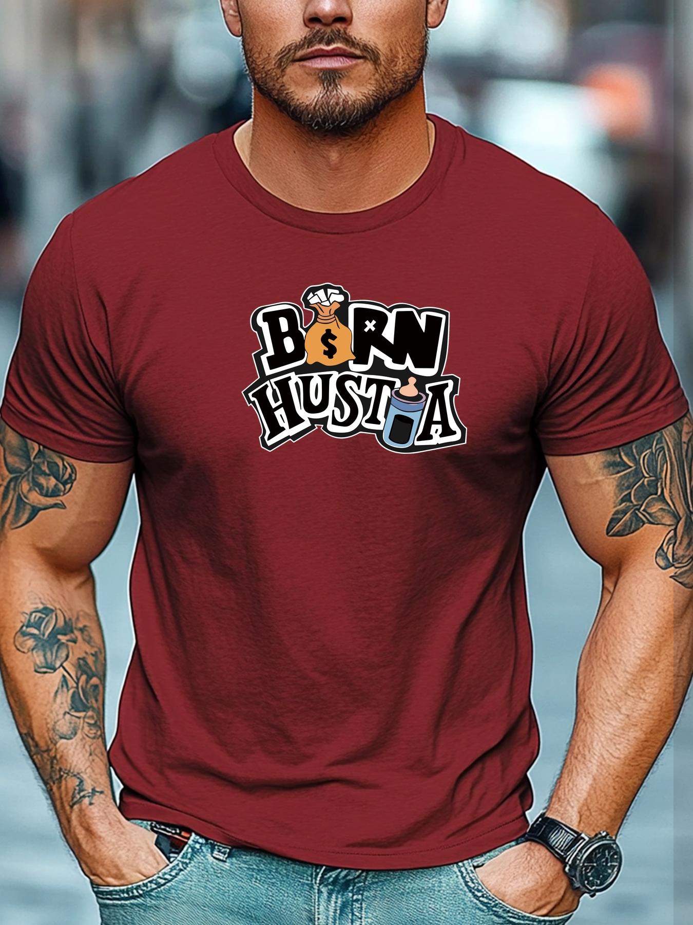 Mens Hustle TShirt Born Hustla Money Bag Bottle Print Short Sleeve Round Neck Breathable Soft Ambitious Daily Wear S