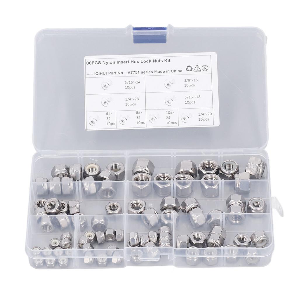 80PCS Hex Nuts Assortment Kit 304 Stainless Steel Lock Nuts with Nylon Insert 8 Specifications