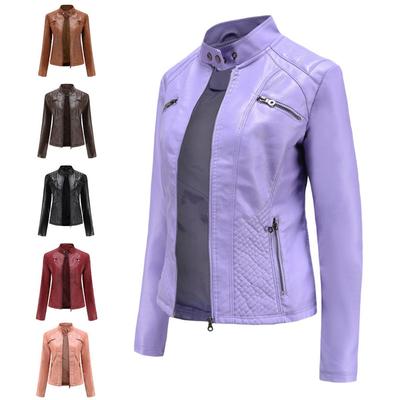 New Women's Leather Jacket Slim Fit Stand Collar Casual Solid Color Outerwear for Spring Autumn